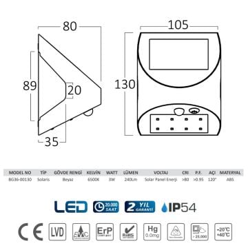 Braytron BG36-00130 3 Watt LED Solar Aplik - Beyaz Işık (6500K)