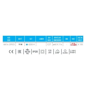 ACK AA14-20923 12-48 Volt 9 Watt LED Ampul - Beyaz Işık (6500K)