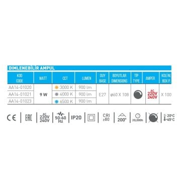 ACK AA14-01023 9 Watt Dimli LED Ampul - Beyaz Işık (6500K)