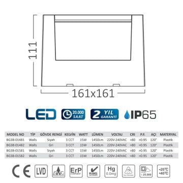 Braytron BG38-01581 15 Watt Siyah Kasa Set Üstü LED Aplik - 3 Işık Renkli (Beyaz + Ilık Beyaz + Gün Işığı)