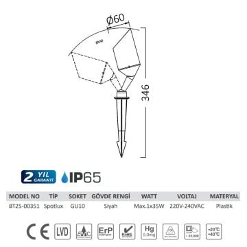 Braytron BT25-00351 Kazıklı Çim Armatürü - GU10 Duylu