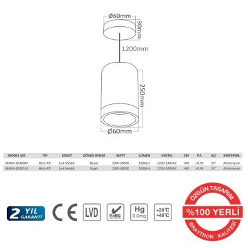 Braytron SBH04-00401M 6x25 cm Siyah Kasa LED Boru Sarkıt Avize - Gün Işığı (3000K)