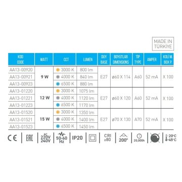 ACK AA13-01221 12 Watt LED Ampul - SAMSUNG LED - Ilık Beyaz (4000K)