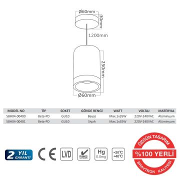 Braytron SBH04-00400 6x25 cm Beyaz Boru Sarkıt Avize - GU10 Duylu