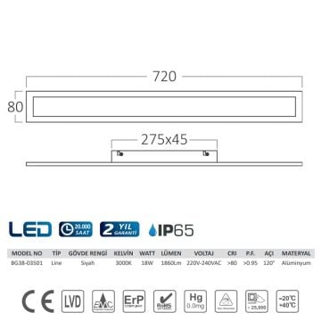 Braytron BG38-03501 18 Watt Siyah Kasa Dış Mekan LED Aplik - Gün Işığı (3000K)