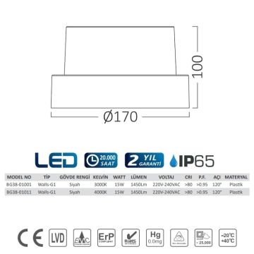 Braytron BG38-01001 15 Watt Siyah Kasa Yuvarlak Dış Mekan LED Aplik - Gün Işığı (3000K)