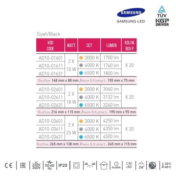 ACK AD10-02611 2x18 Watt Siyah İkili Sıva Altı SAMSUNG LED Spot - Ilık Beyaz (4000K)