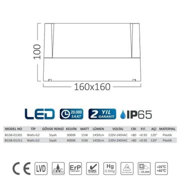 Braytron BG38-01301 15 Watt Siyah Kasa Kare Dış Mekan LED Aplik - Gün Işığı (3000K)