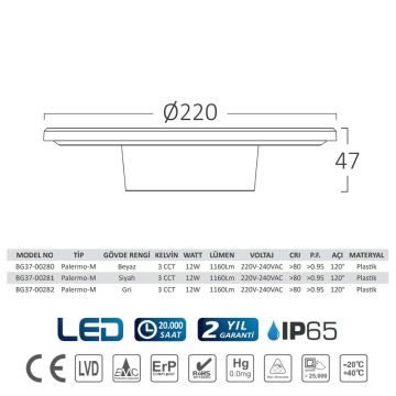 Braytron BG37-00282 12 Watt Siyah Kasa Yuvarlak Dış Mekan LED Aplik - Gün Işığı (3000K)