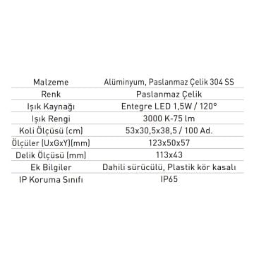 JUPITER LW980 P 1.5 Watt Paslanmaz Çelik Çerçeveli Sıva Altı Dikdörtgen Dış Mekan LED Merdiven Armatürü - Paslanmaz Çelik Çerçeveli - Gün Işığı (3000K)