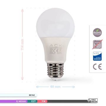 ACK AA13-00923 9 Watt LED Ampul - Beyaz Işık (6500K)