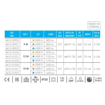 ACK AA13-00923 9 Watt LED Ampul - Beyaz Işık (6500K)