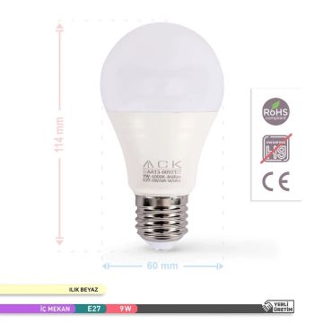 ACK AA13-00921 9 Watt LED Ampul - Ilık Beyaz (4000K)