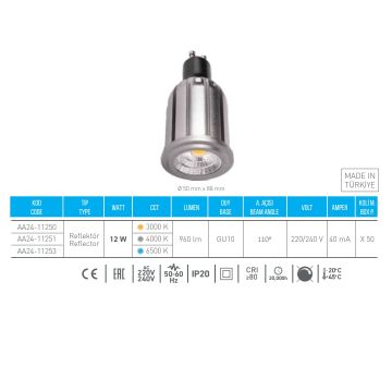 ACK AA24-11253 12 Watt GU10 Duylu LED Ampul - Beyaz Işık (6500K)