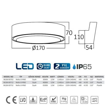 Braytron BG38-00712 12 Watt Siyah Kasa Dış Mekan LED Aplik - Ilık Beyaz (4000K)