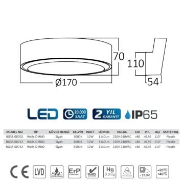 Braytron BG38-00732 12 Watt Siyah Kasa Dış Mekan LED Aplik - Beyaz Işık (6500K)