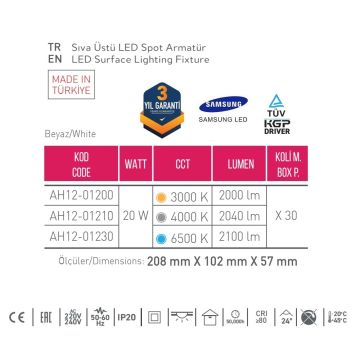 ACK AH12-01200 2x10 Watt 10x20x6 cm Beyaz-Platin Sıva Üstü İkili LED Spot - Metal - Gün Işığı (3000K)
