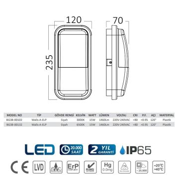 Braytron BG38-00132 15 Watt Siyah Kasa Dış Mekan LED Aplik - Beyaz Işık (6500K)