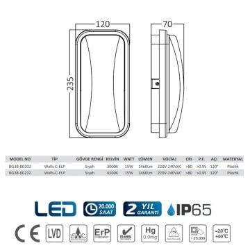 Braytron BG38-00232 15 Watt Siyah Kasa Dış Mekan LED Aplik - Beyaz Işık (6500K)