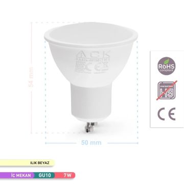 ACK AA24-00751 7 Watt GU10 Duylu LED Ampul - Ilık Beyaz (4000K)