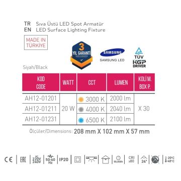 ACK AH12-01231 2x10 Watt 10x20x6 cm Siyah-Platin Sıva Üstü İkili LED Spot - Metal - Beyaz Işık (6500K)