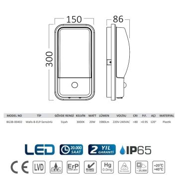 Braytron BG38-00402 15 Watt Siyah Kasa Dış Mekan LED Aplik - Gün Işığı (3000K)