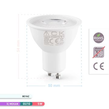 ACK AA24-01553 5 Watt GU10 Duylu Mercekli LED Ampul - SAMSUNG LED - Beyaz Işık (6500K)