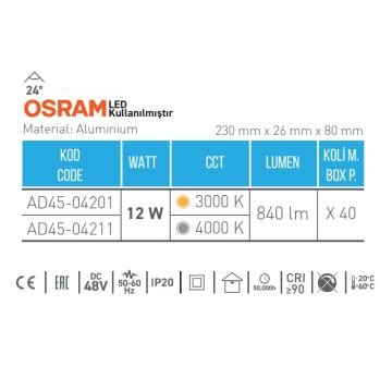 ACK AD45-04201 12 Watt 23 cm Lensli OSRAM LED Magnet Armatür - Gün Işığı (3000K)