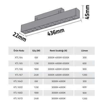 K2 GLOBAL KTL167D 24 Watt 44 cm Dimli OSRAM LED Magnet Armatür
