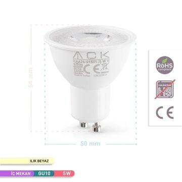 ACK AA24-01551 5 Watt GU10 Duylu Mercekli LED Ampul - SAMSUNG LED - Ilık Beyaz (4000K)