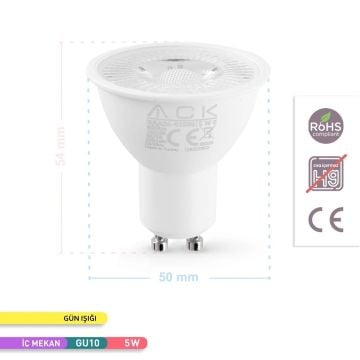 ACK AA24-01550 5 Watt GU10 Duylu Mercekli LED Ampul - SAMSUNG LED - Gün Işığı (3000K)