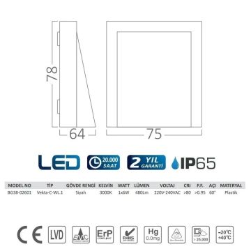 Braytron BG38-02601 6 Watt Antrasit Kasa Tek Yönlü Dış Mekan LED Aplik - 3 Renk Fonksiyonlu (Beyaz + Ilık Beyaz + Gün Işığı)