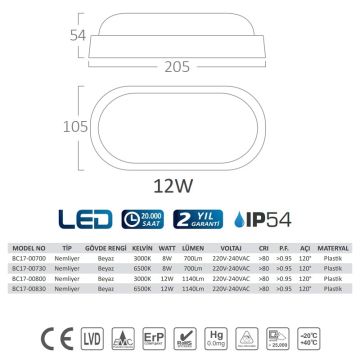 Braytron BC17-00830 12 Watt Beyaz Kasa Elips Dış Mekan LED Aplik - Beyaz Işık (6500K)