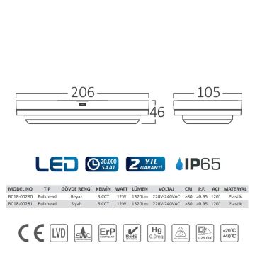 Braytron BC18-00280 12 Watt Beyaz Kasa Elips Dış Mekan LED Aplik - 3 Işık Renkli (Beyaz + Ilık Beyaz + Gün Işığı)