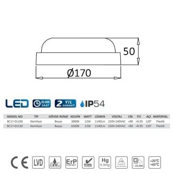 Braytron BC17-01130 12 Watt Beyaz Kasa Yuvarlak Dış Mekan LED Aplik - Beyaz Işık (6500K)