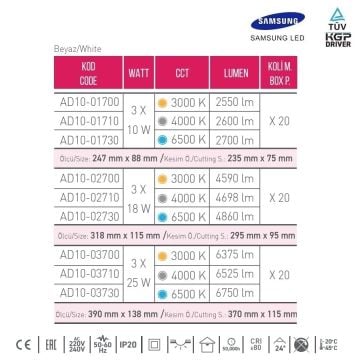 ACK AD10-01700 3x10 Watt Siyah-Beyaz Üçlü Sıva Altı SAMSUNG LED Spot - Gün Işığı (3000K)