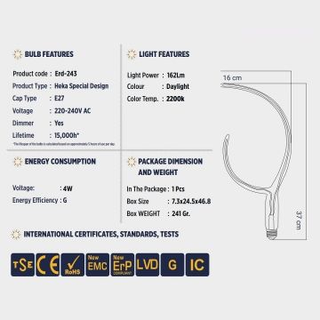 HEKA ERD-242 4 Watt Geyik Boynuzu Dekoratif LED Rustik Ampul - Amber Işık