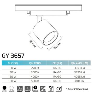 GOYA GY 3657 23 Watt Siyah/Beyaz Gövde LED Ray Spot