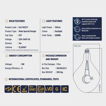 HEKA ERD-1923/2 5 Watt Ay Yıldız Dekoratif LED Rustik Ampul - Amber