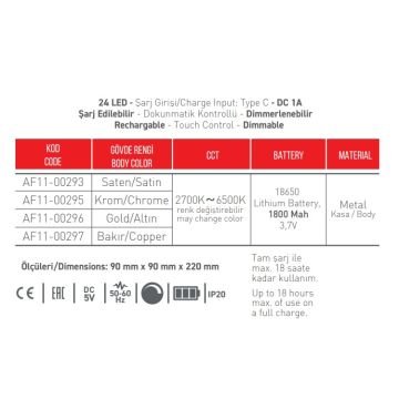 ACK AF11-00297 Bakır Kasa Dimli ve Şarjlı Dokunmatik LED Masa Lambası - 4 Işık Renkli (Sarı + Gün Işığı + Ilık Beyaz + Beyaz)