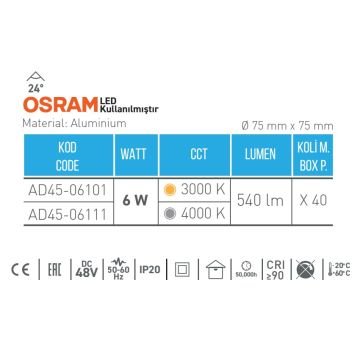 ACK AD45-06101 6 Watt OSRAM LED Magnet Spot - Gün Işığı (3000K)