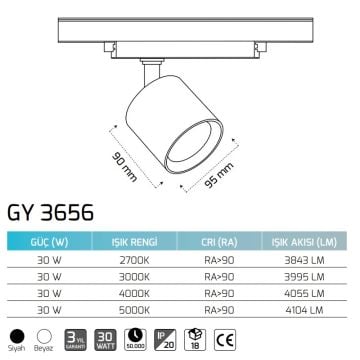 GOYA GY 3656 30 Watt Siyah/Beyaz Gövde Dimli LED Ray Spot