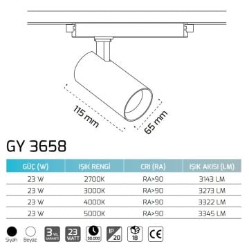 GOYA GY 3658 30 Watt Siyah/Beyaz Gövde Dimli LED Ray Spot