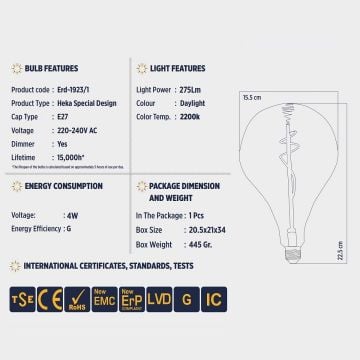 HEKA ERD-73 4 Watt Dekoratif LED Rustik Ampul - Amber