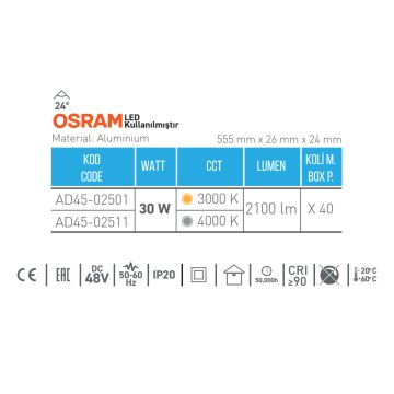 ACK AD45-02501 30 Watt 55 cm Lensli OSRAM LED Magnet Armatür - Gün Işığı (3000K)