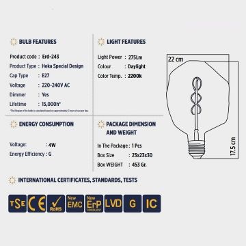 HEKA ERD-22 4 Watt Dekoratif LED Rustik Ampul - Amber