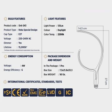 HEKA ERD-243 4 Watt Geyik Boynuzu Dekoratif LED Rustik Ampul - Amber