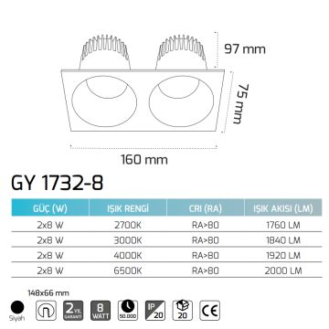 GOYA GY 1732-8 2x8 Watt Siyah Sıva Altı İkili LED Spot