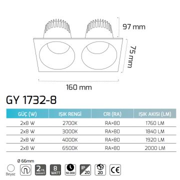 GOYA GY 1732-8 2x8 Watt Beyaz Sıva Altı İkili LED Spot