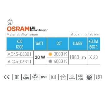 ACK AD45-06301 20 Watt OSRAM LED Magnet Ray Spot - Gün Işığı (3000K)